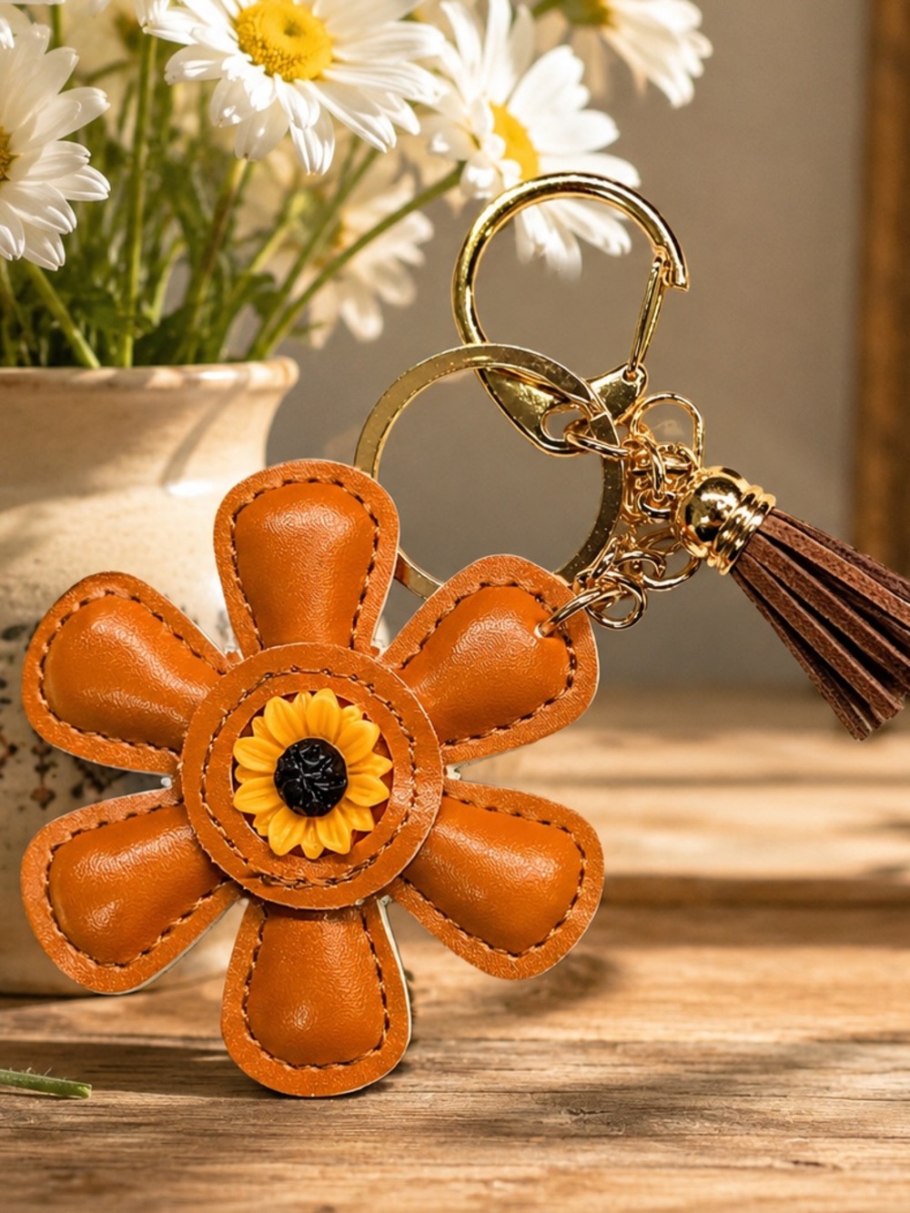 Brown Flower & Sunflower Bag Charm Keychain
